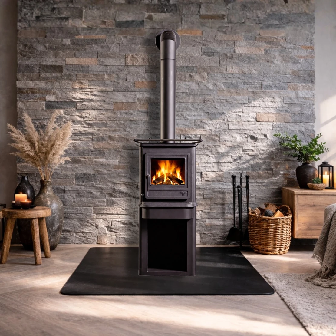 Globe Fire Ceres 6.3 kw Holzofen mit Herdplatte - hier aufgestellt vor einer Wand mit Steinfliessen