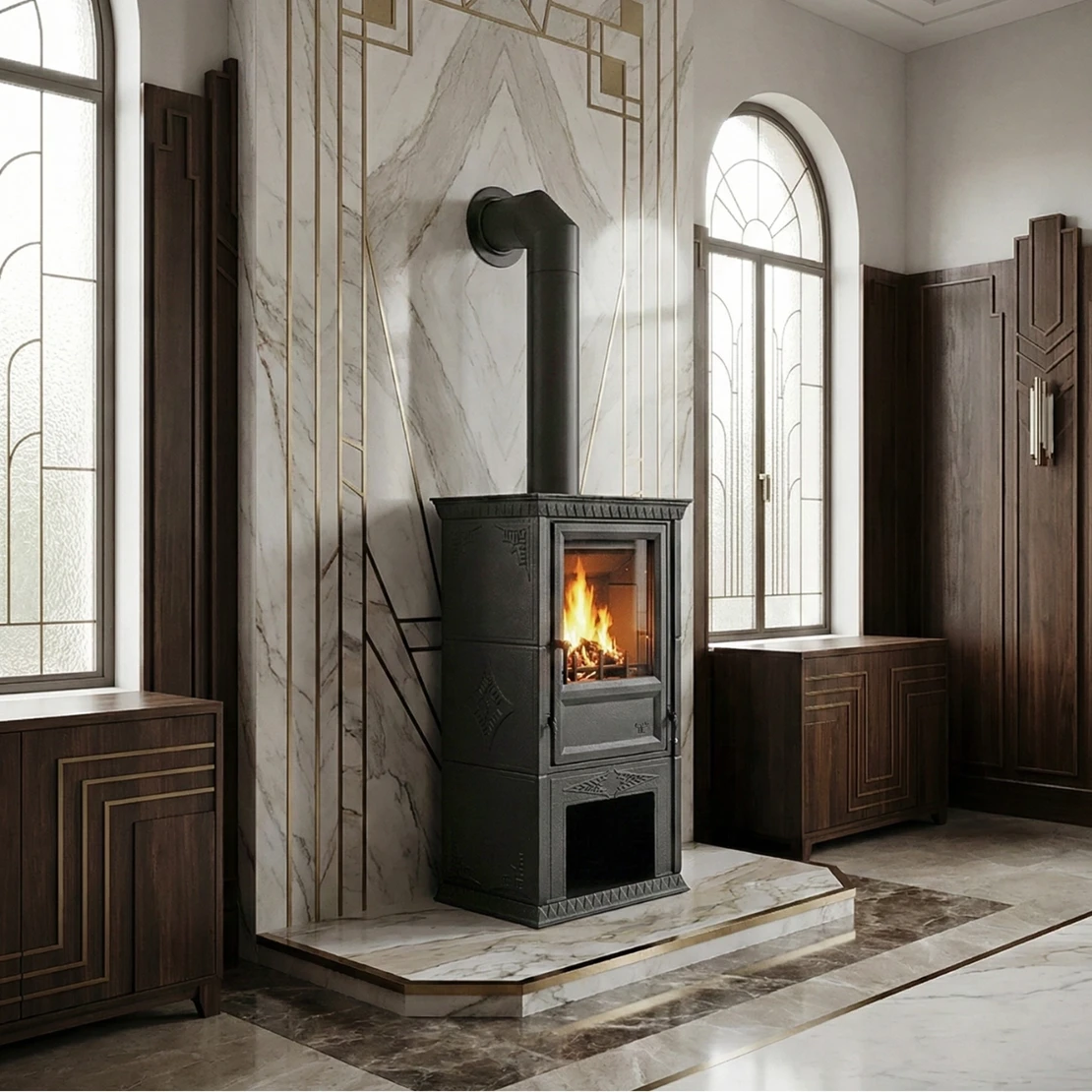 Globe Fire Luna I 7.9 kW Kaminofen aus Gusseisen vor einer Steinwand aufgestellt