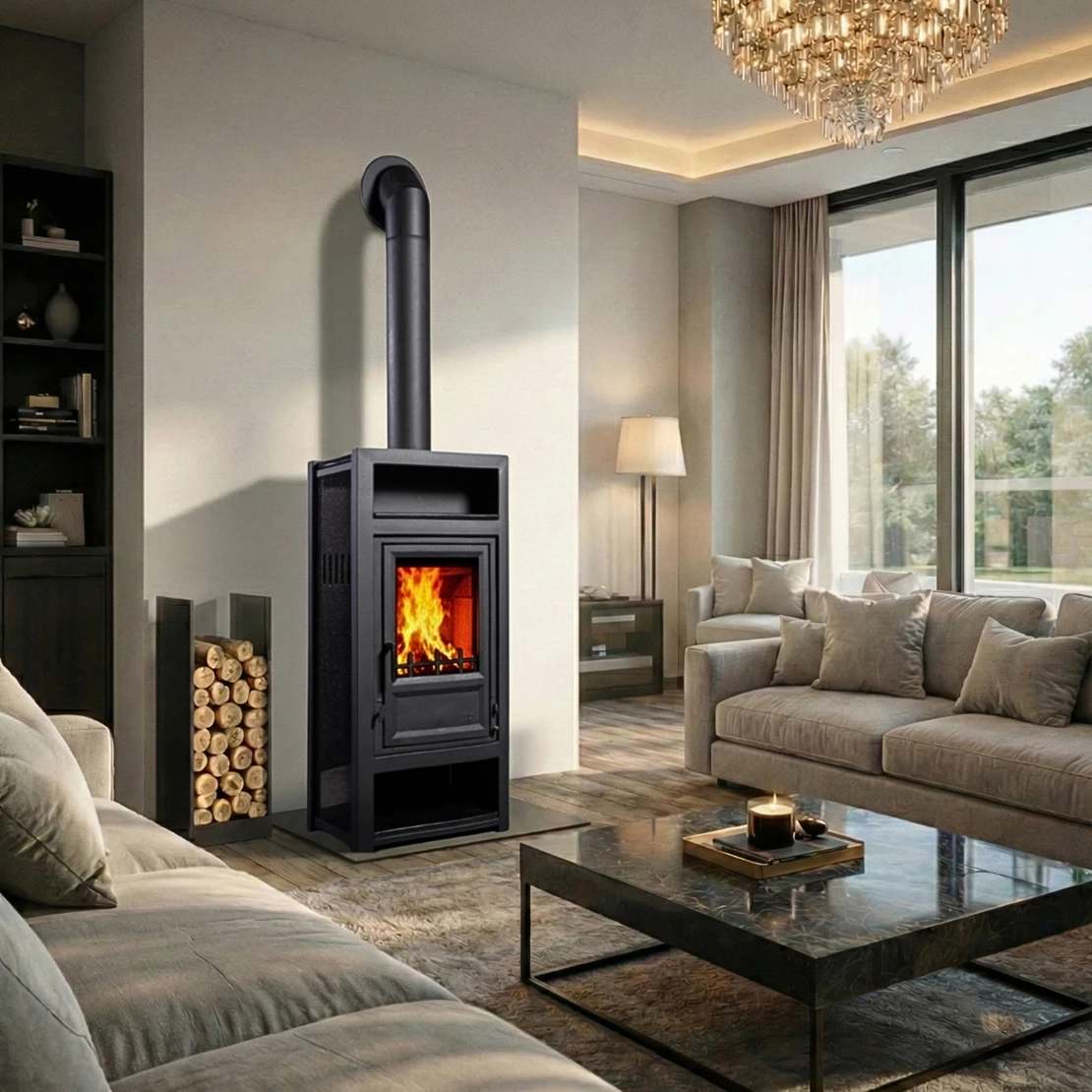 Globe Fire Luna II H 7,9 kW Kamininofen mit schwarzer Seitenverkleidung aus Gusseisen im Wohnzimmer
