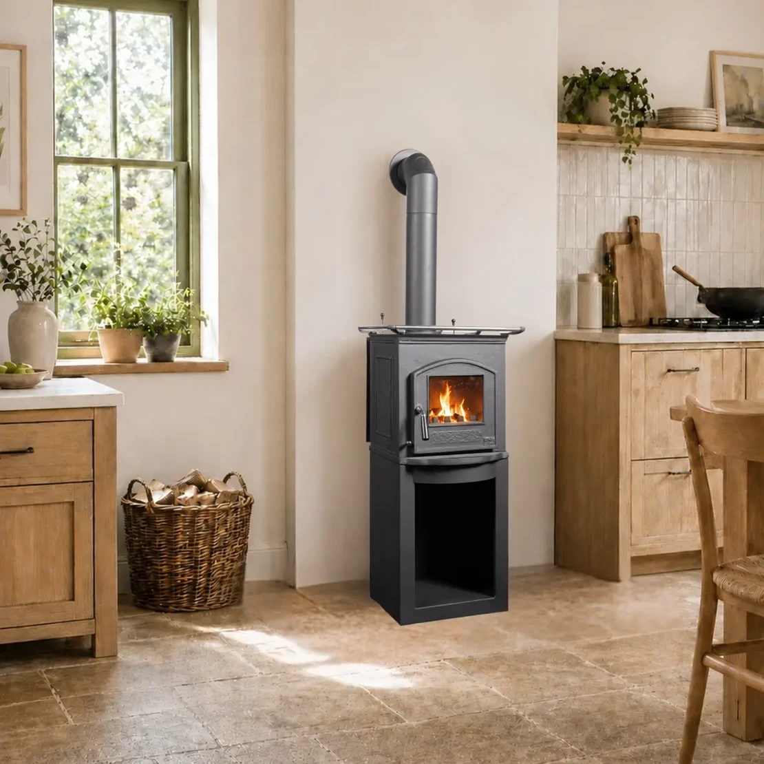 Globe Fire Pluto II 6,3 kW – kleiner Gusseisen-Kaminofen mit Kochplatte in einer Wohnküche